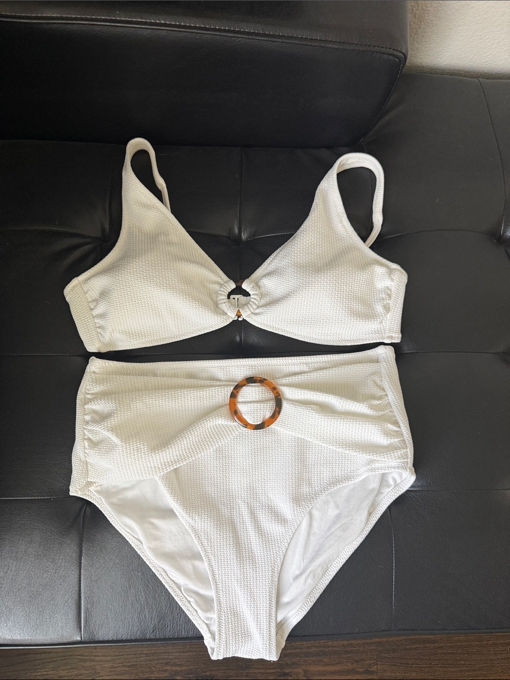 Old Navy White Textured Two-Piece Bikini with Tortoiseshell Rings